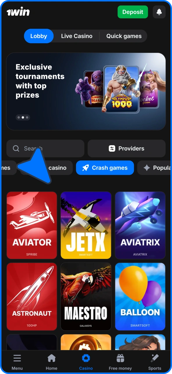 Select 1win casino game or sports match to bet on.