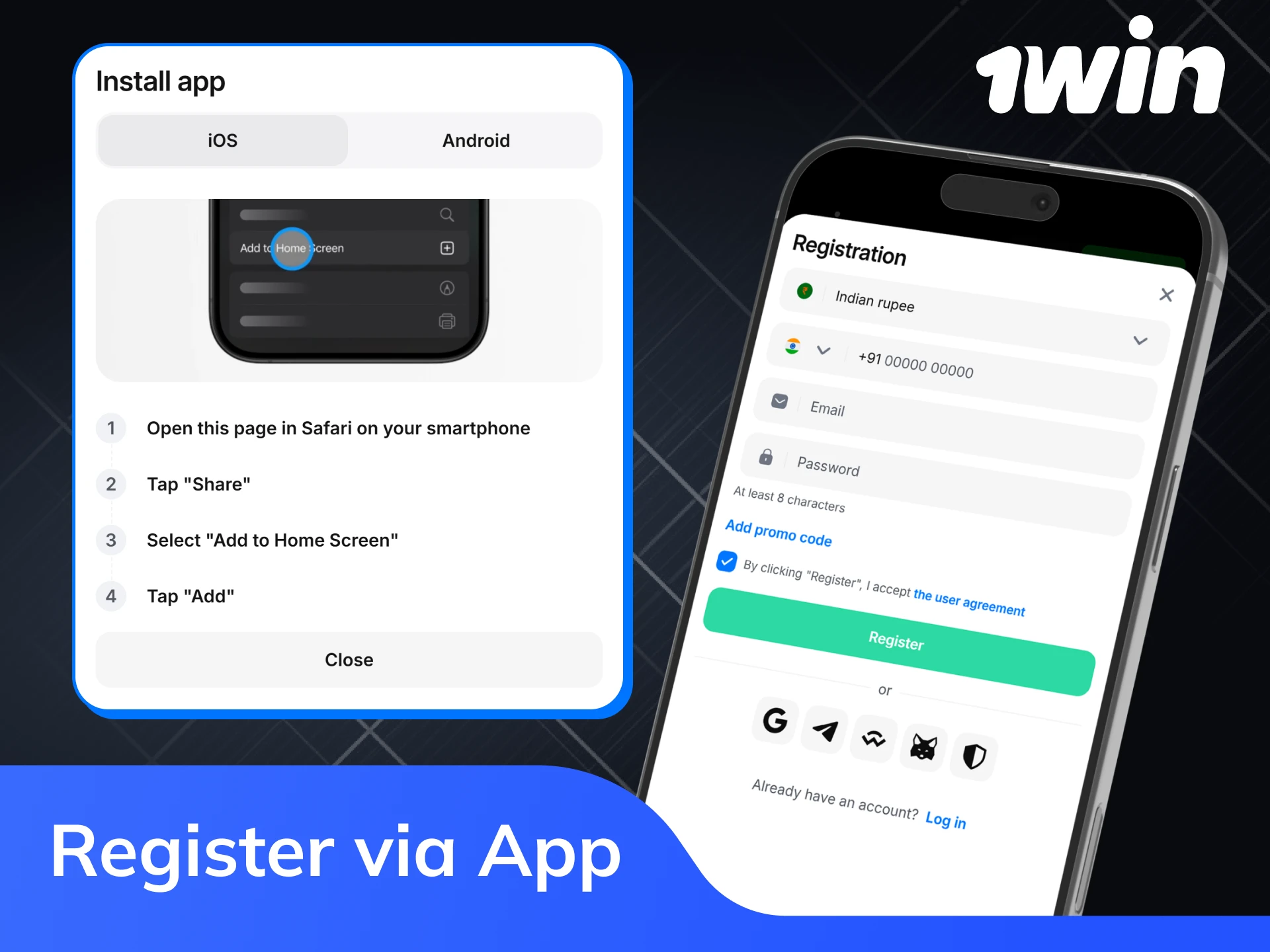 1win mobile app registration on Android and iOS