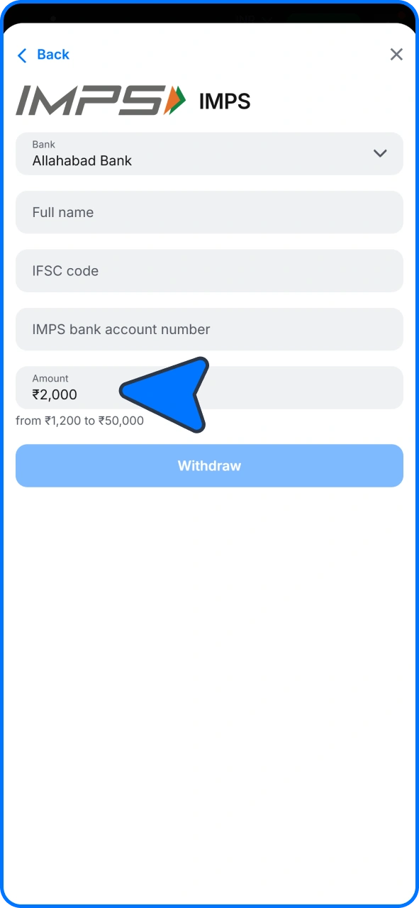 Enter withdrawal amount and details on 1win